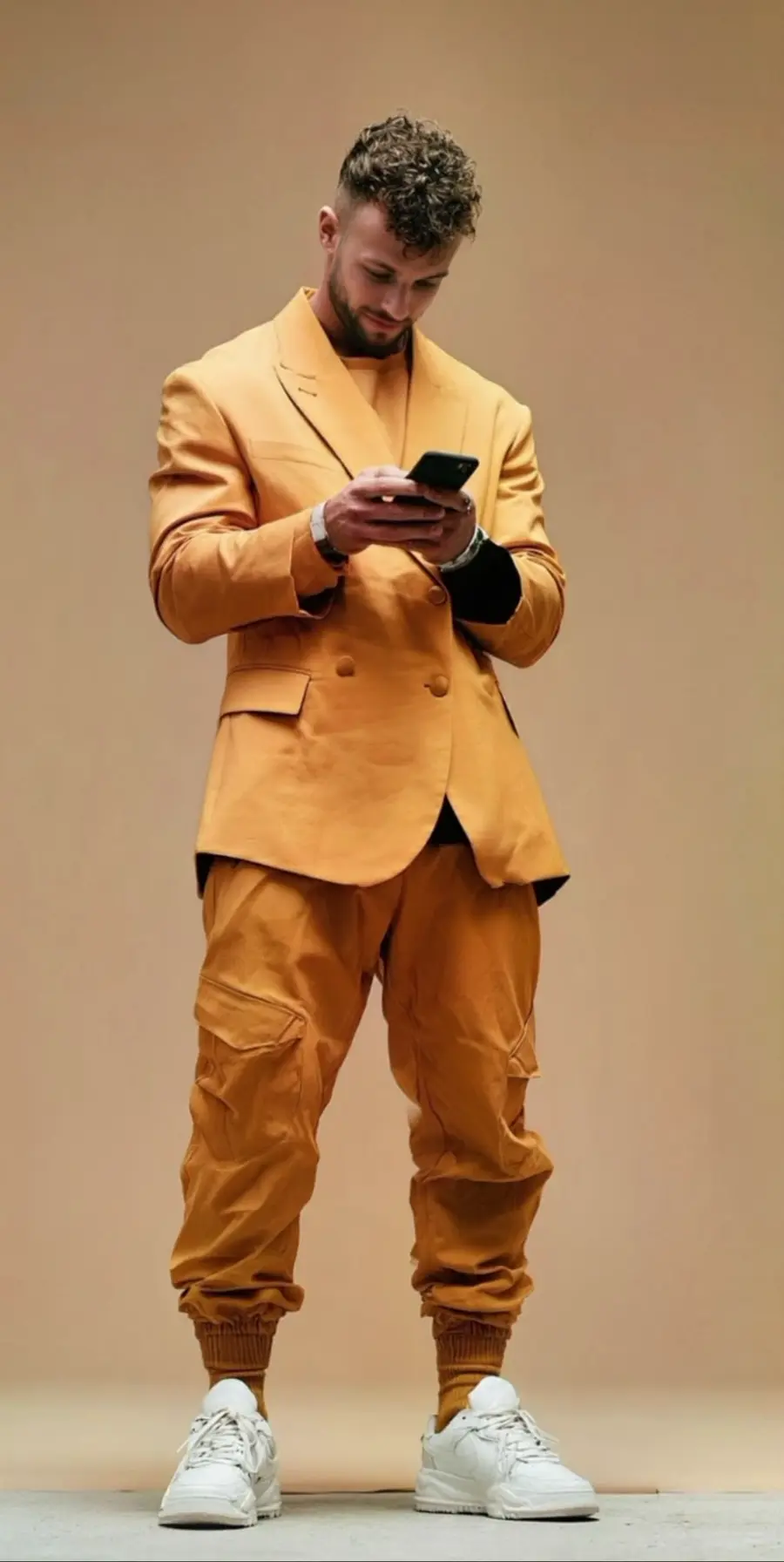 A man in a yellow suit looking at his phone