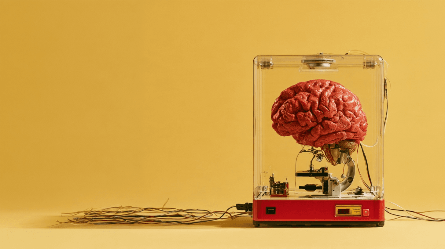 A brain inside a transparent machine on a warm yellow background