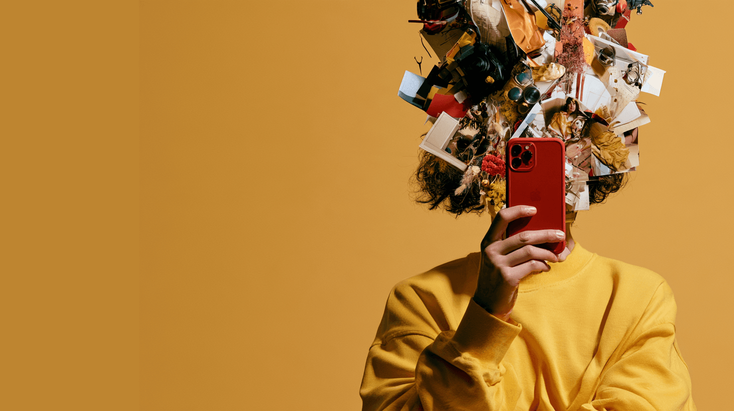 A person in a yellow sweater holding a red phone, with a collage of everyday objects above their head